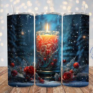 Christmas Candle Tumbler, Festive Xmas Cup, Holiday Travel  Mug